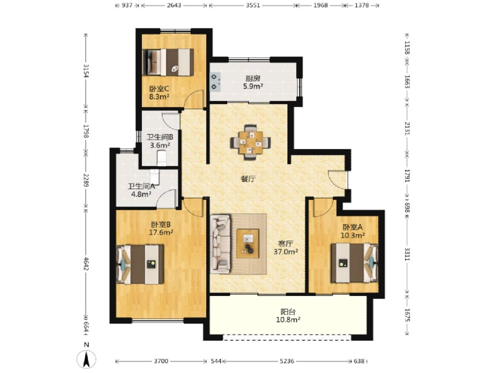 中海上东区 3室2厅2卫 125m&sup2;