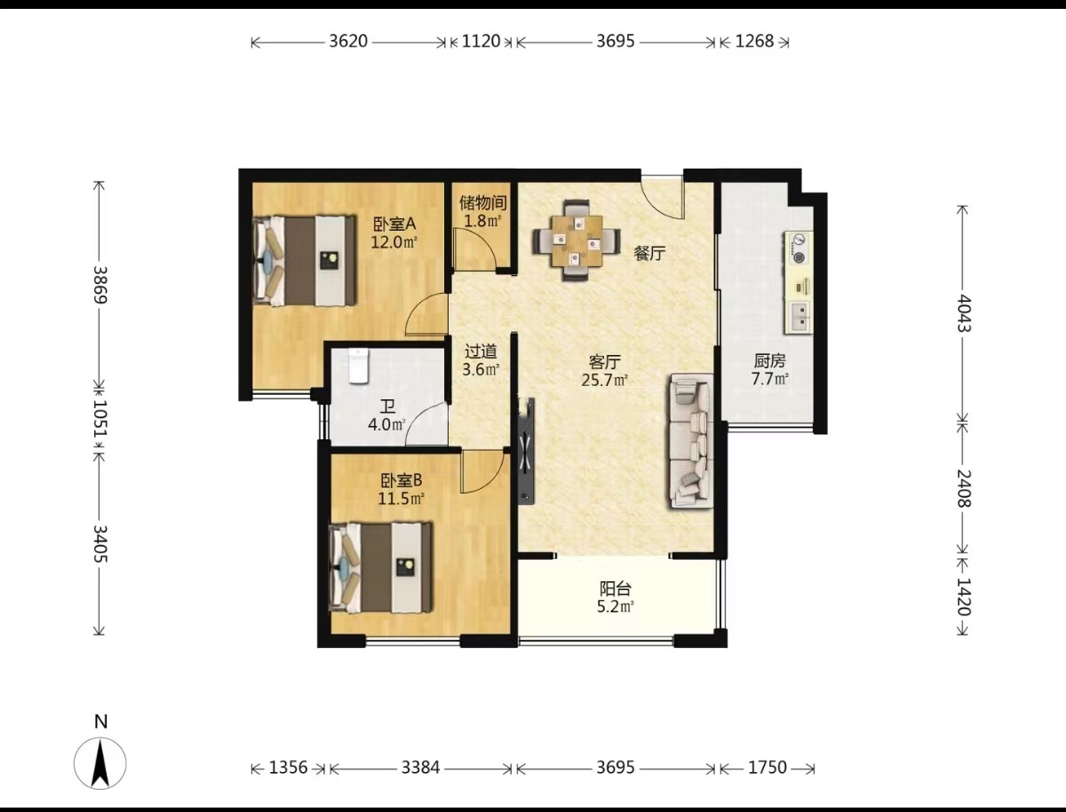 景瑞望府 2室2厅1卫 96m²