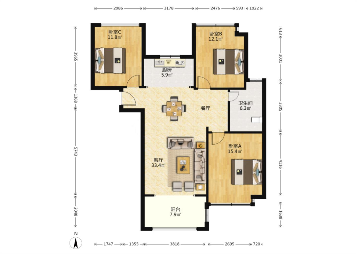 帝奥北城名郡 3室2厅1卫 110.23m&sup2;