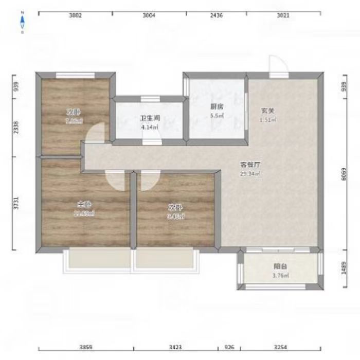 绿地新里城 3室2厅1卫 91m²