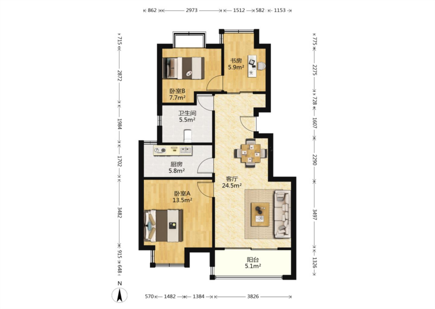 中港城 3室1厅1卫 89m&sup2;