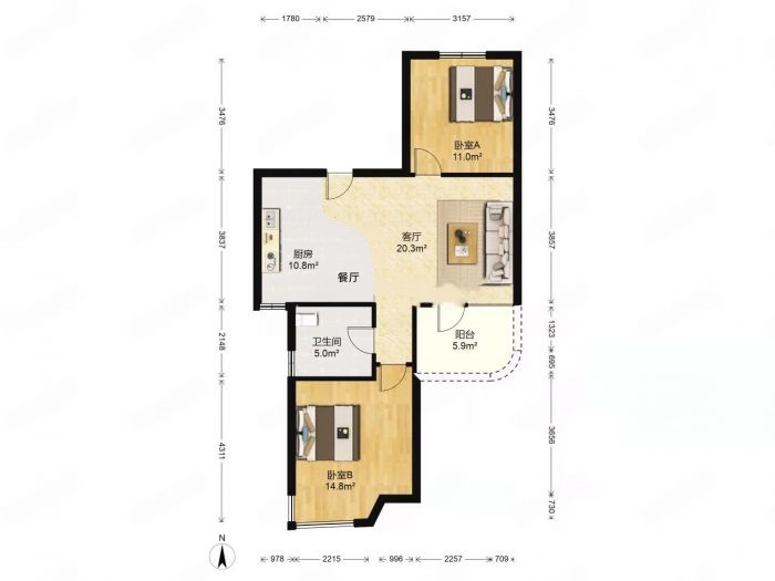 绿城玉兰公寓 2室1厅1卫 93m&sup2;