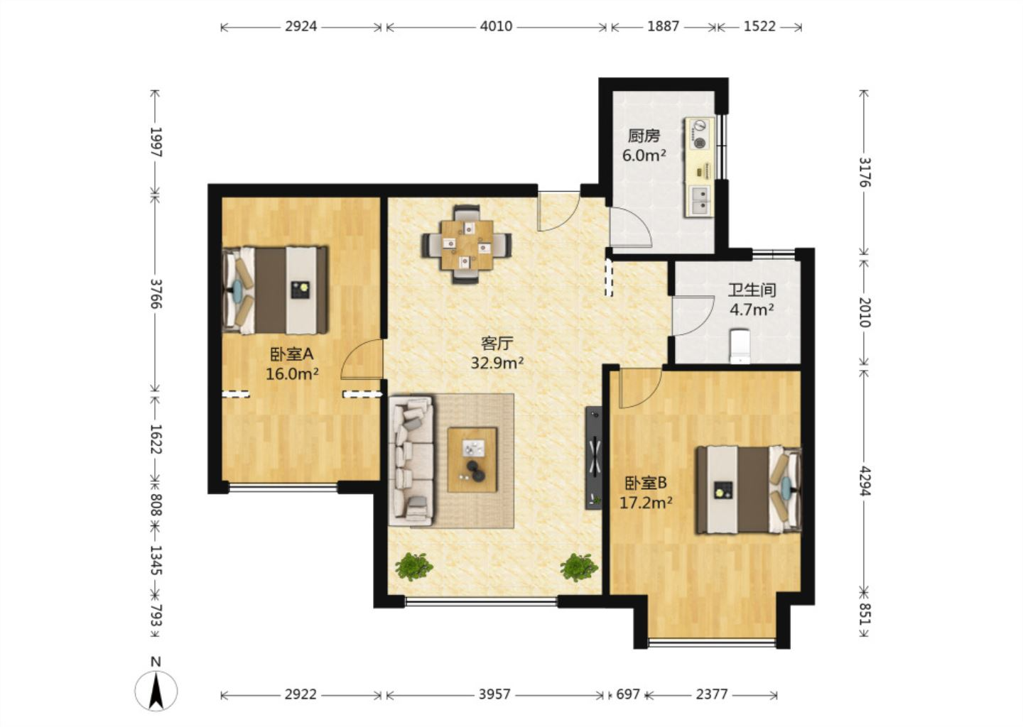 中南世纪花城一期 2室1厅1卫 102.00m&sup2;