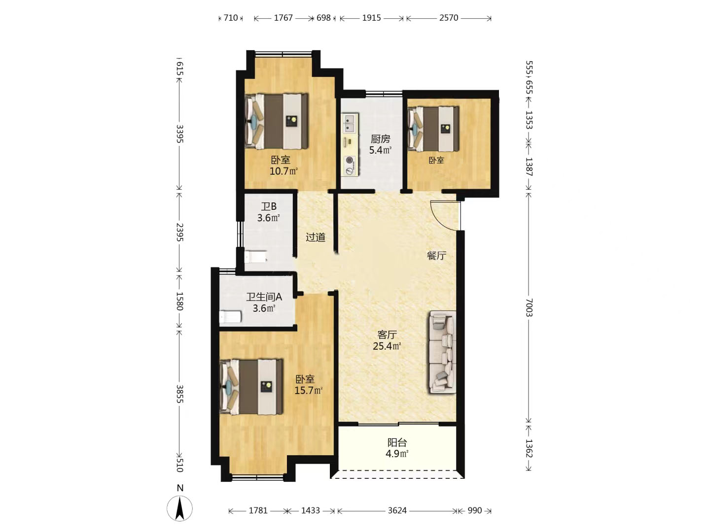 南山国际社区 3室2厅2卫 105.00m&sup2;