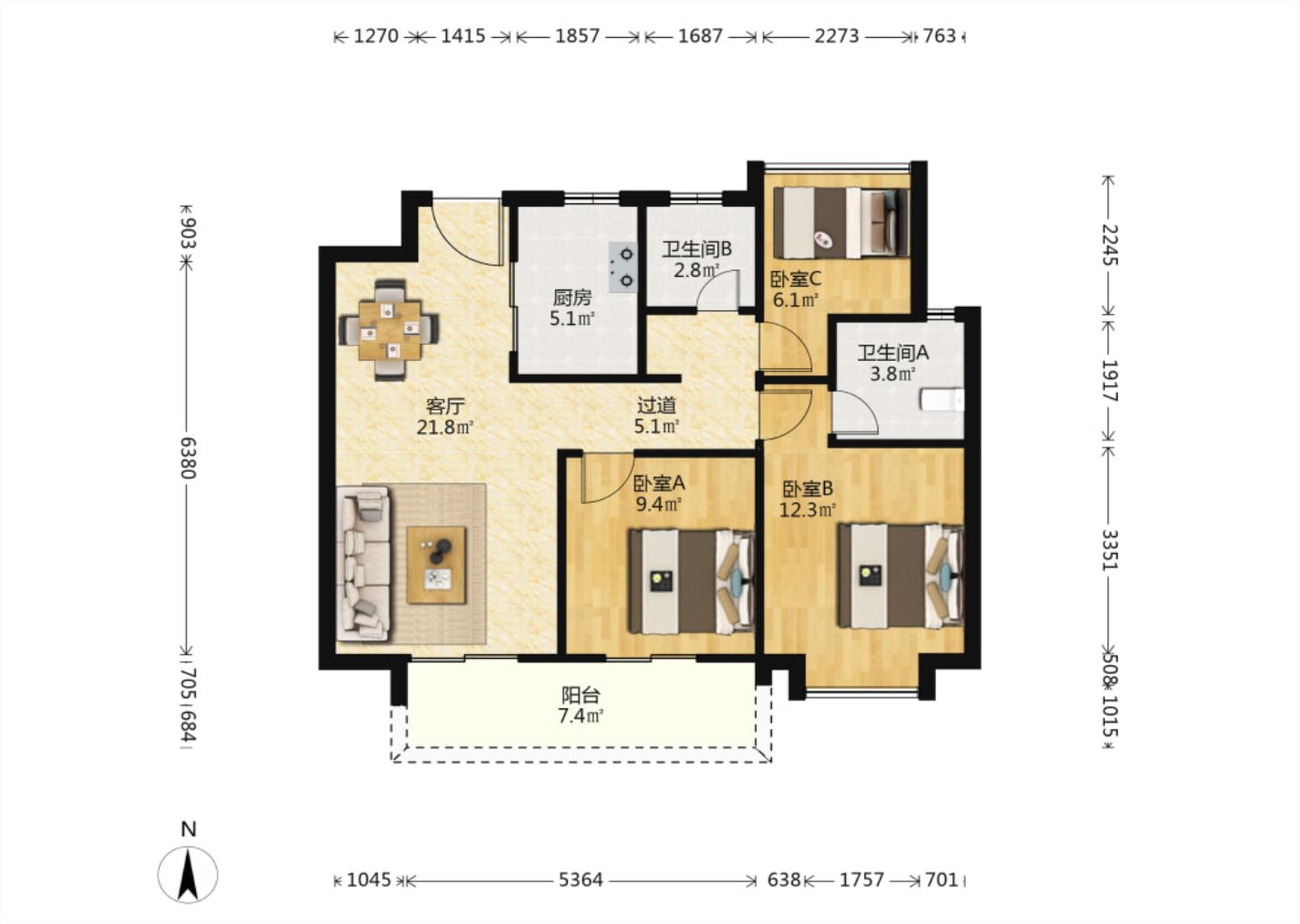 雍华府 3室2厅2卫 98.59m&sup2;