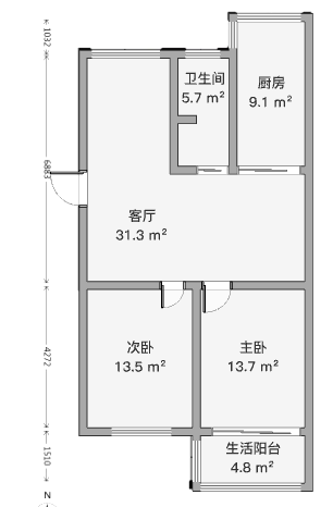 南通东苑小区 2室2厅1卫 96m&sup2;