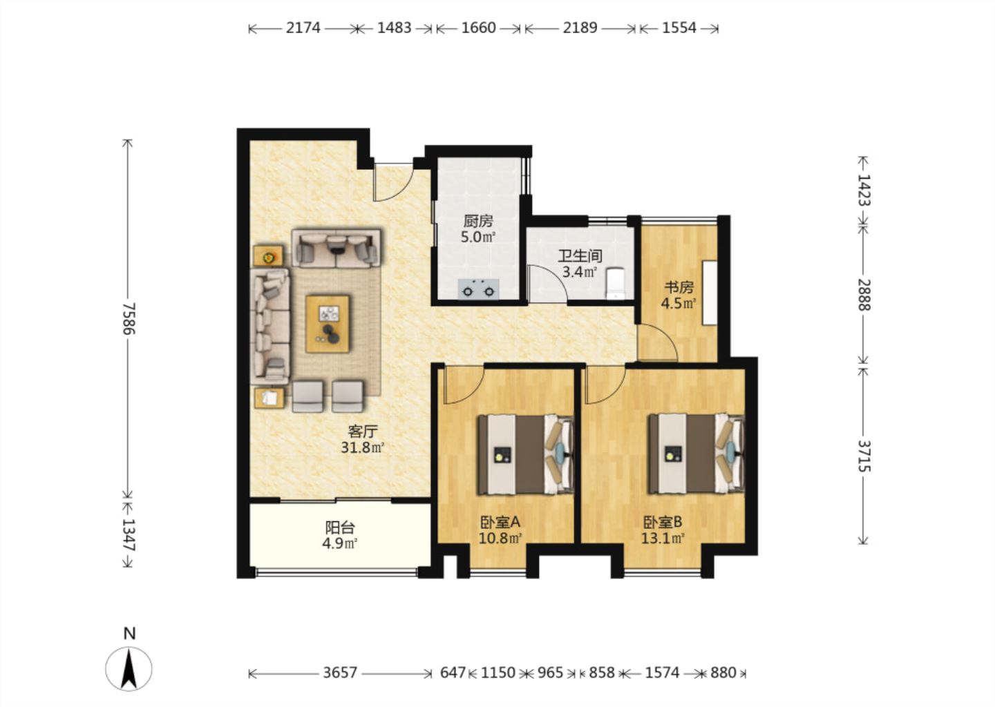 中南世纪花城三期 3室2厅1卫 99.87m&sup2;
