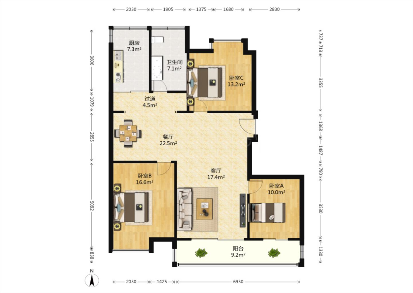 苏建阳光新城 3室1厅1卫 123m&sup2;