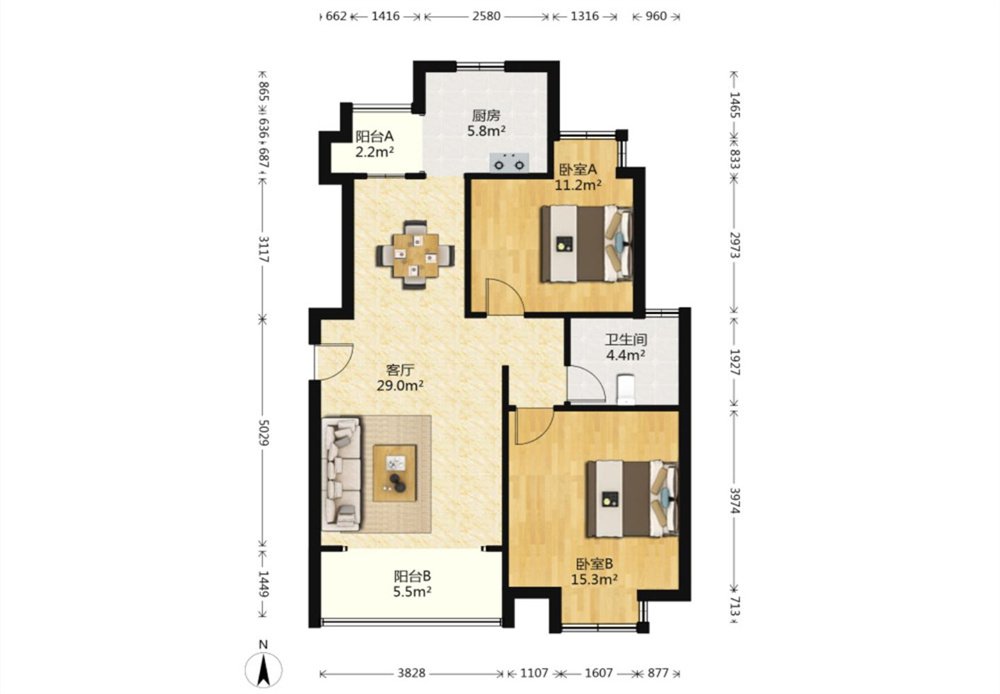中港城 2室2厅1卫 89m&sup2;