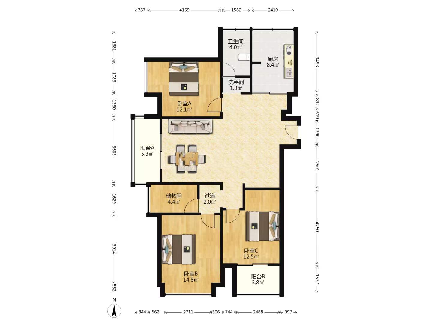 万濠星城 3室2厅1卫 127.00m&sup2;
