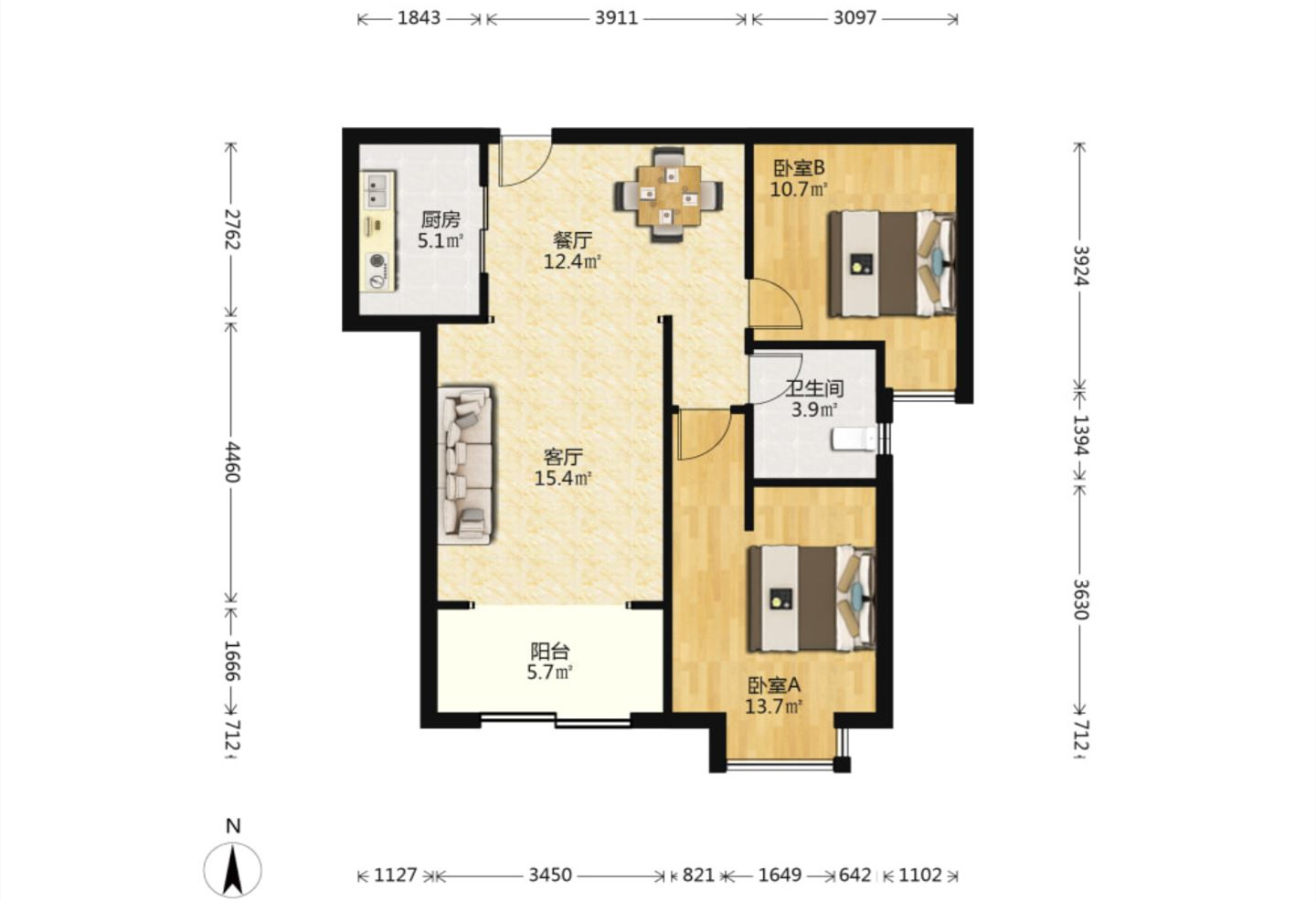 华强城 2室2厅1卫 86.84m&sup2;