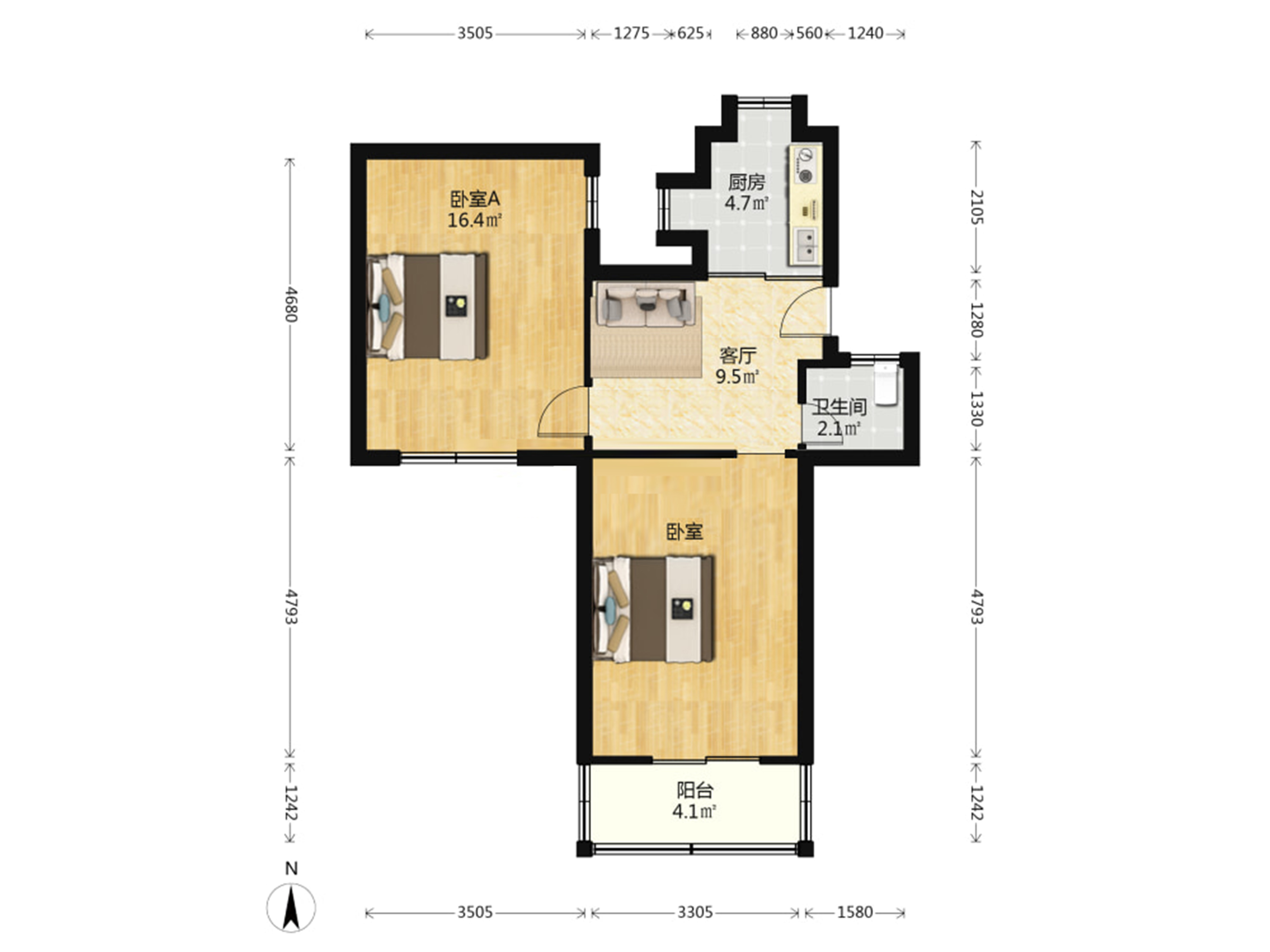北街26号 2室1厅1卫 62.2m&sup2;