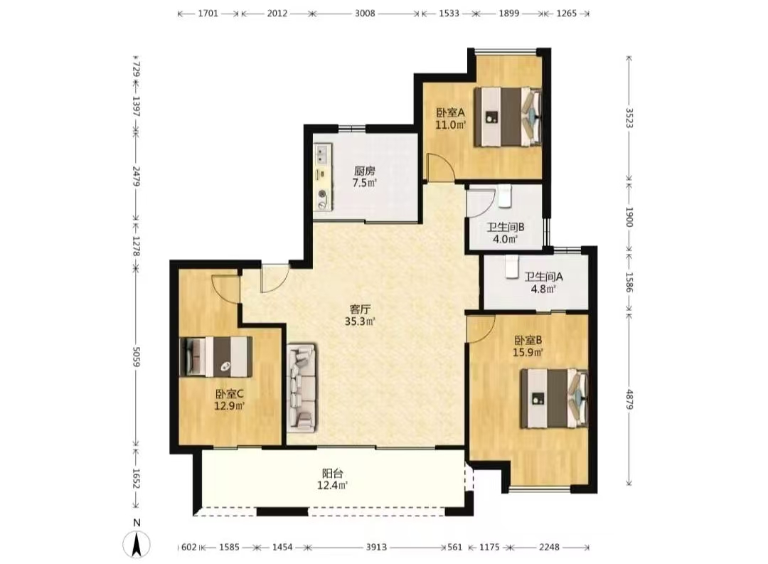 万科方圆 3室2厅2卫 128.46m&sup2;