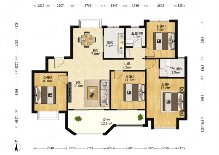 佳期漫 4室2厅2卫 120.52m&sup2;