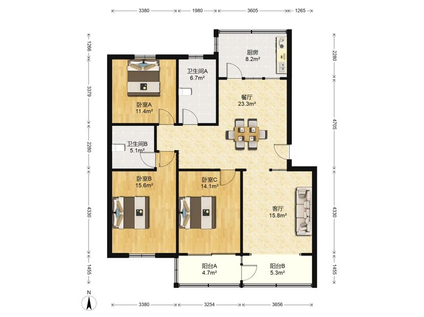 新海通花园 3室2厅2卫 126m&sup2;