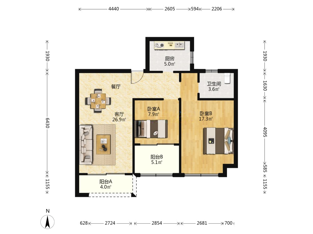 江山鼎 2室2厅1卫 90.38m&sup2;