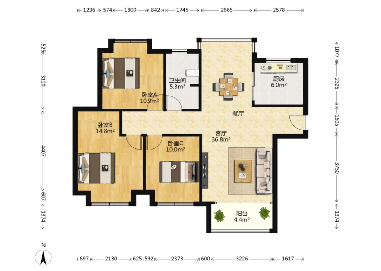 弘阳上城 3室2厅1卫 116.14m&sup2;