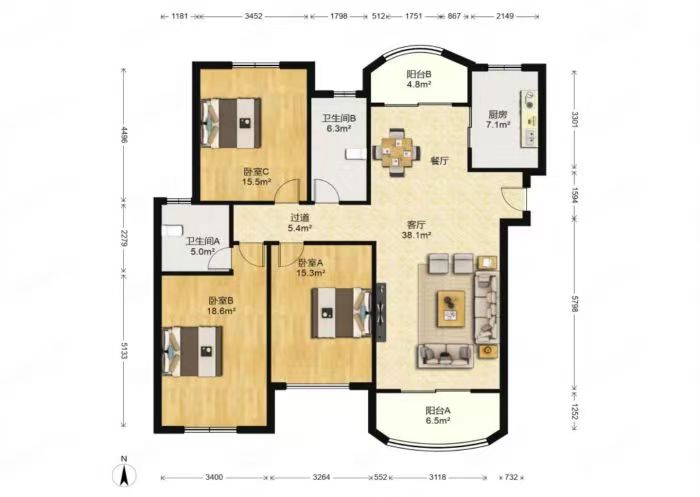 高迪晶城 3室2厅2卫 154m²
