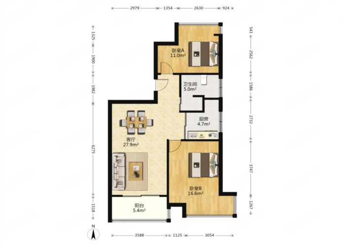 苏建阳光新城 2室2厅1卫 80m&sup2;