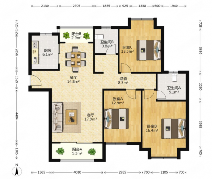 弘阳上城 3室2厅2卫 135m&sup2;
