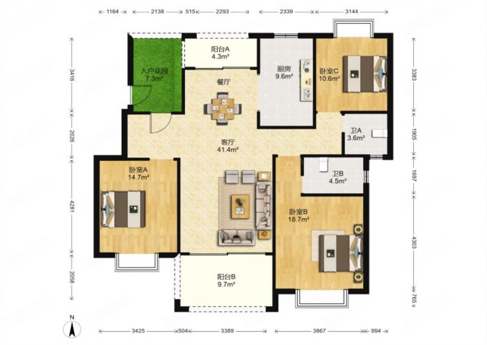 华强城四期 3室2厅2卫 134.90m&sup2;
