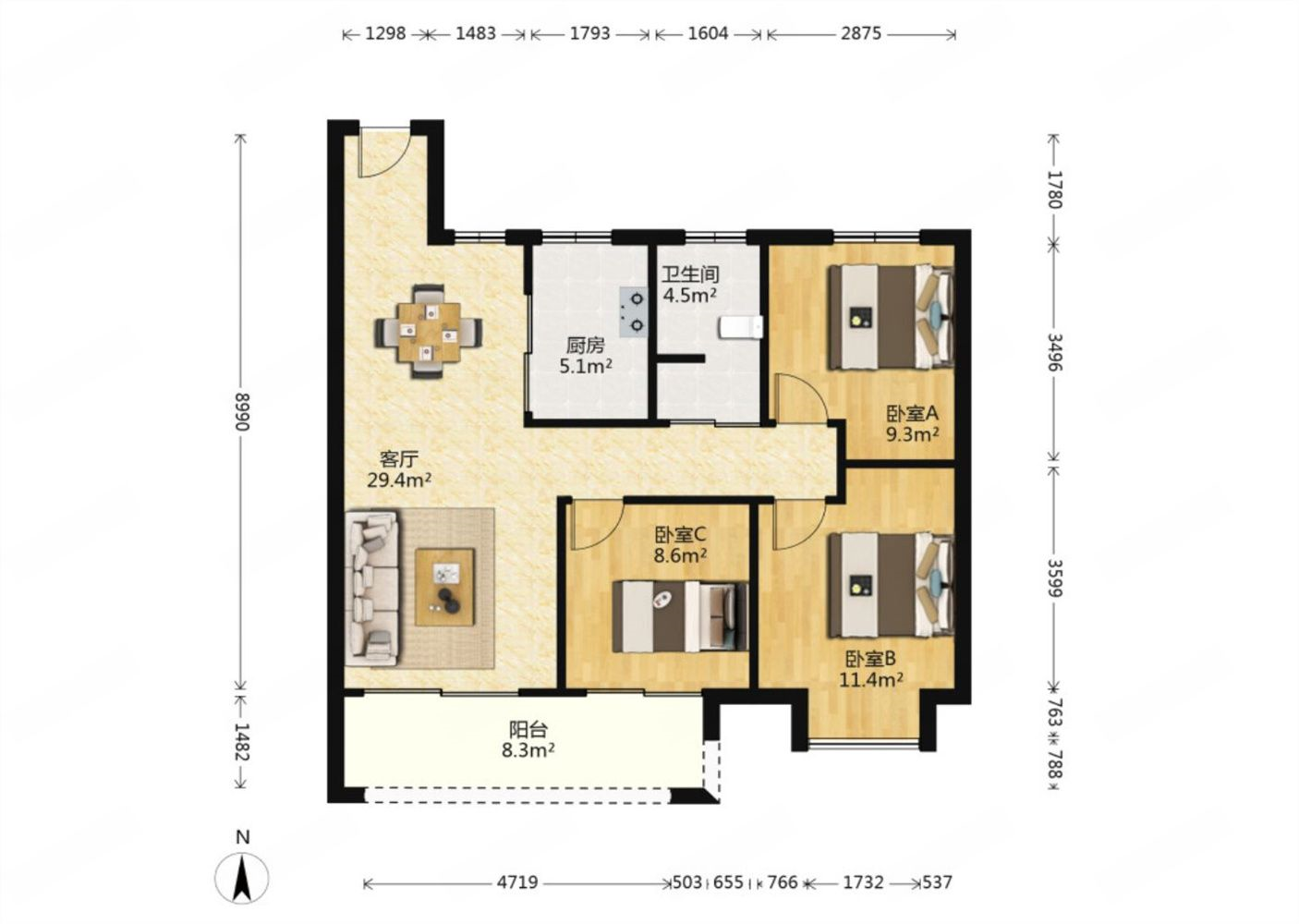 君兰天悦 3室2厅1卫 96m&sup2;