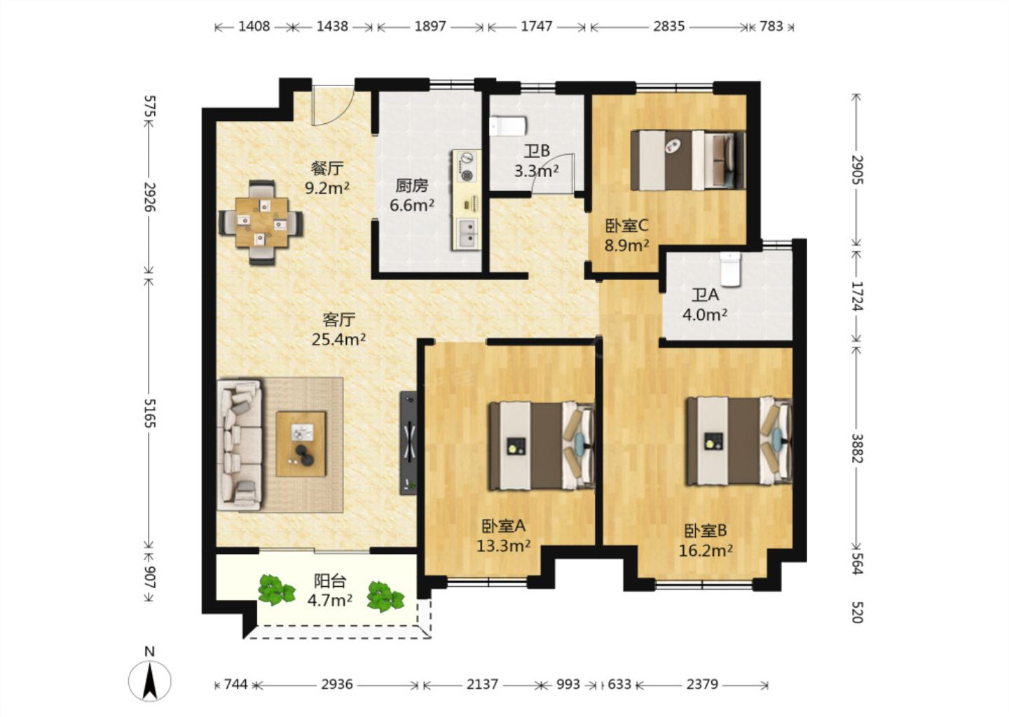保利香槟国际 3室2厅2卫 115m&sup2;
