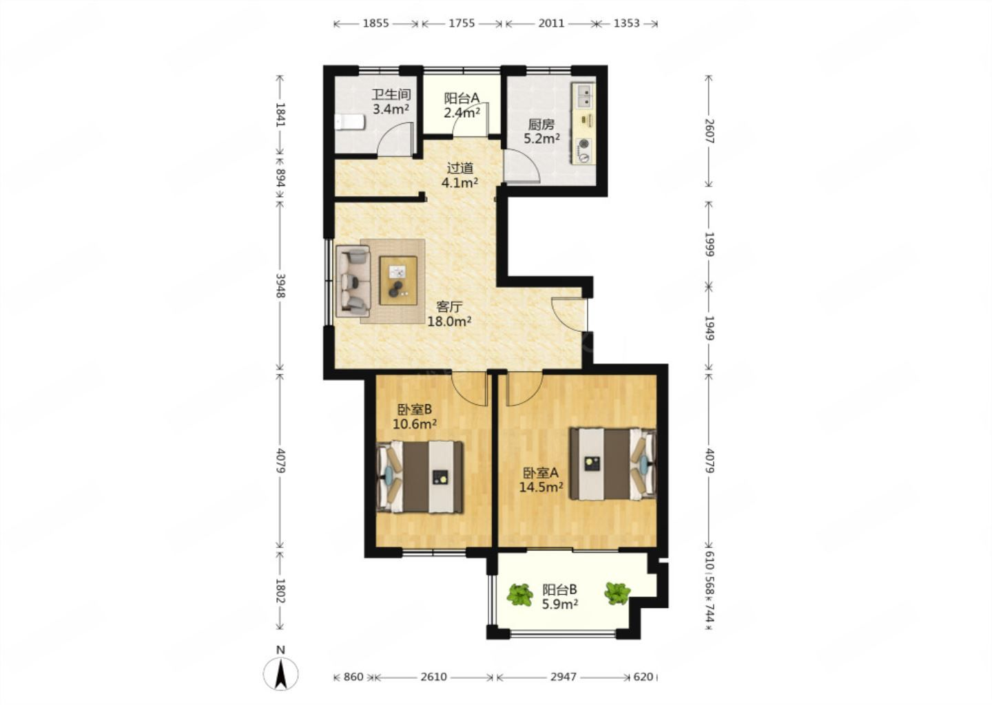 兴石花园 2室1厅1卫 89m&sup2;