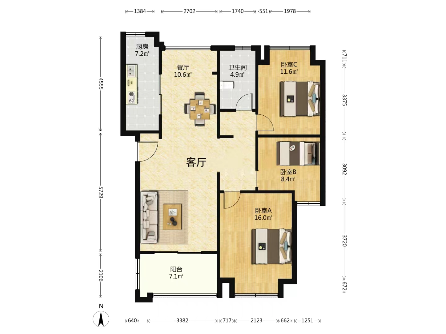 桂花小镇 3室2厅1卫 121.83m&sup2;