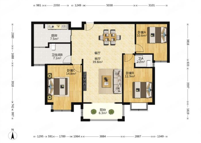 华强城 3室2厅1卫 120m&sup2;