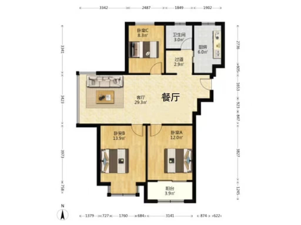 御景澜庭 3室2厅1卫 106m&sup2;