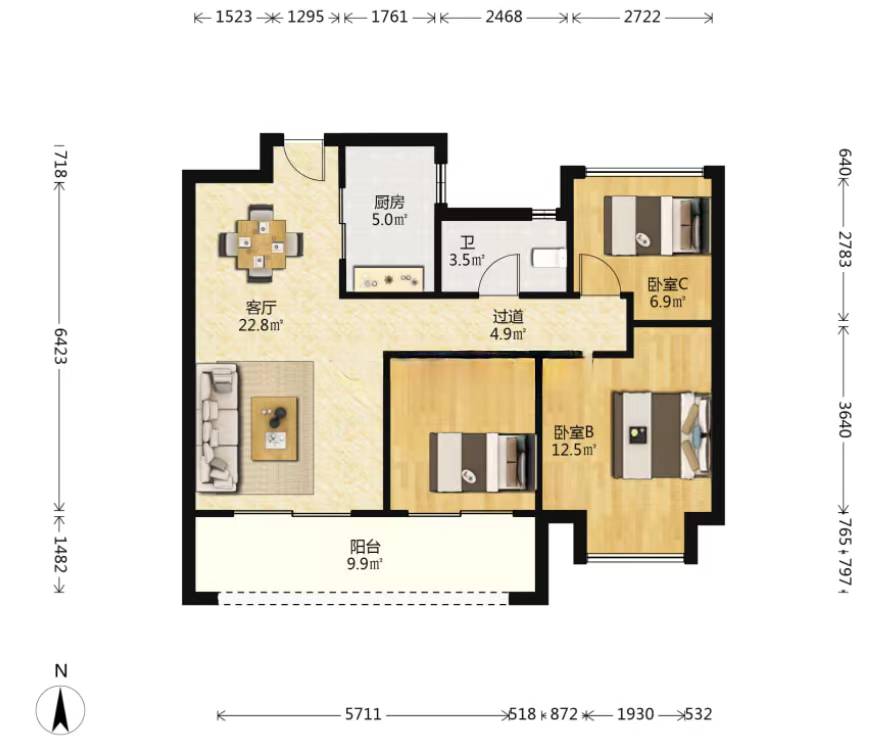 时光漫城 3室1厅1卫 92.83m&sup2;