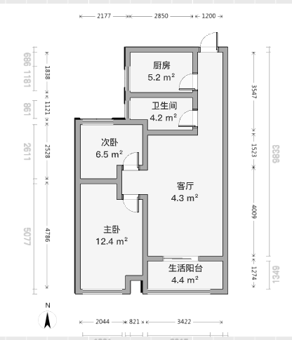 世茂公元 2室2厅1卫 67m&sup2;