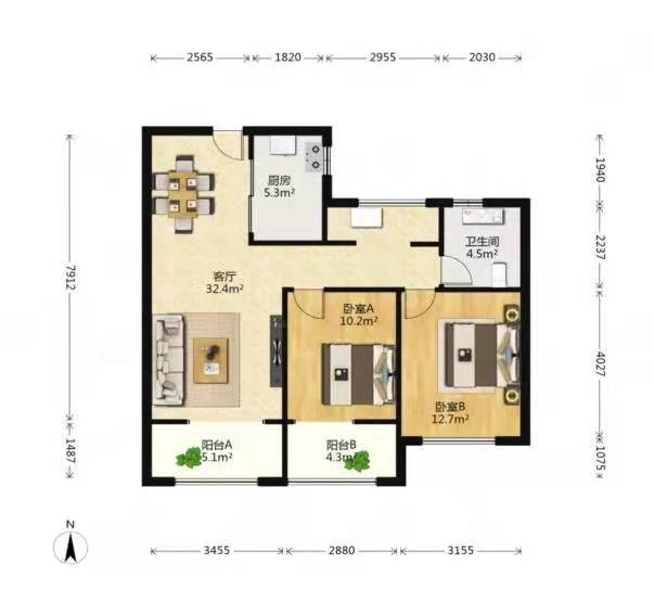 万濠星城 2室2厅1卫 90m&sup2;