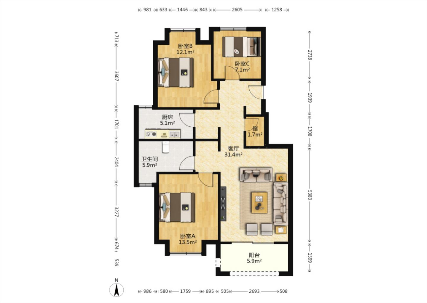 龙湖天宸源著 3室2厅1卫 97.54m&sup2;