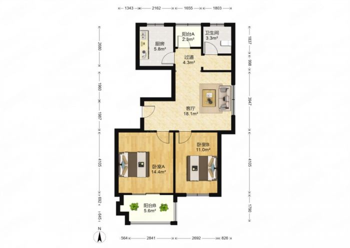 兴石花园 2室2厅1卫 90m&sup2;