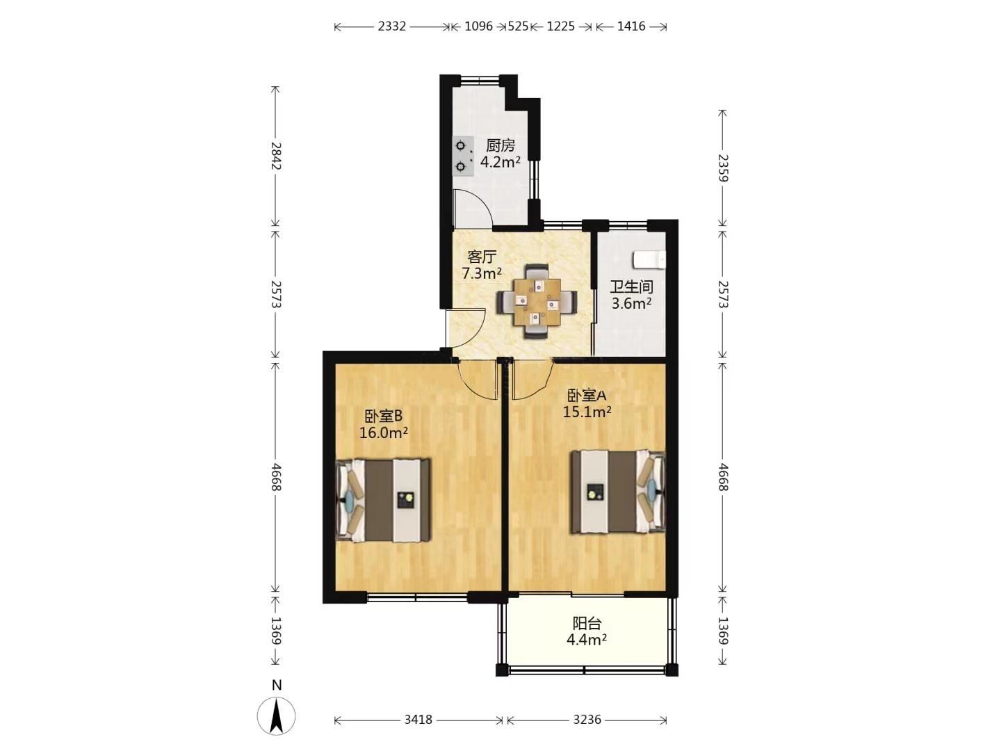 花园角 2室1厅1卫 66.00m&sup2;