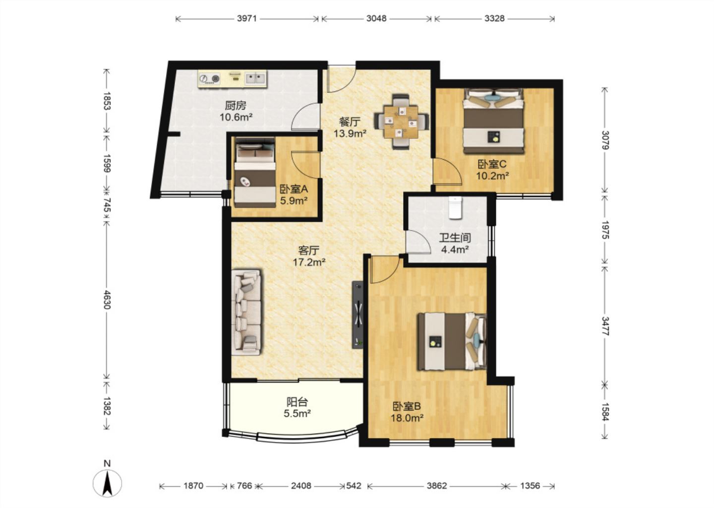 高迪晶城 3室2厅1卫 113.58m²