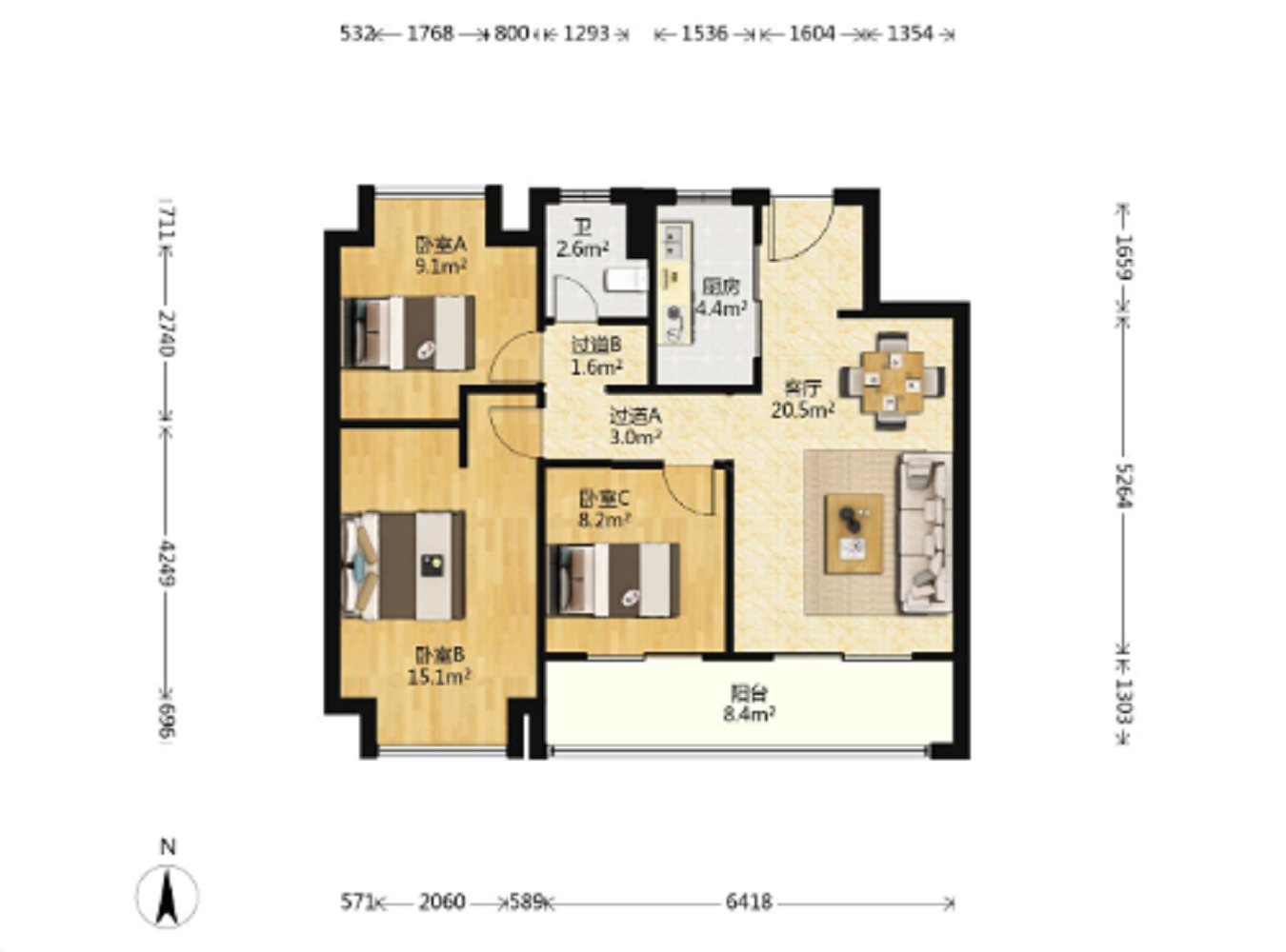 滨江道静园 3室2厅1卫 100.64m&sup2;