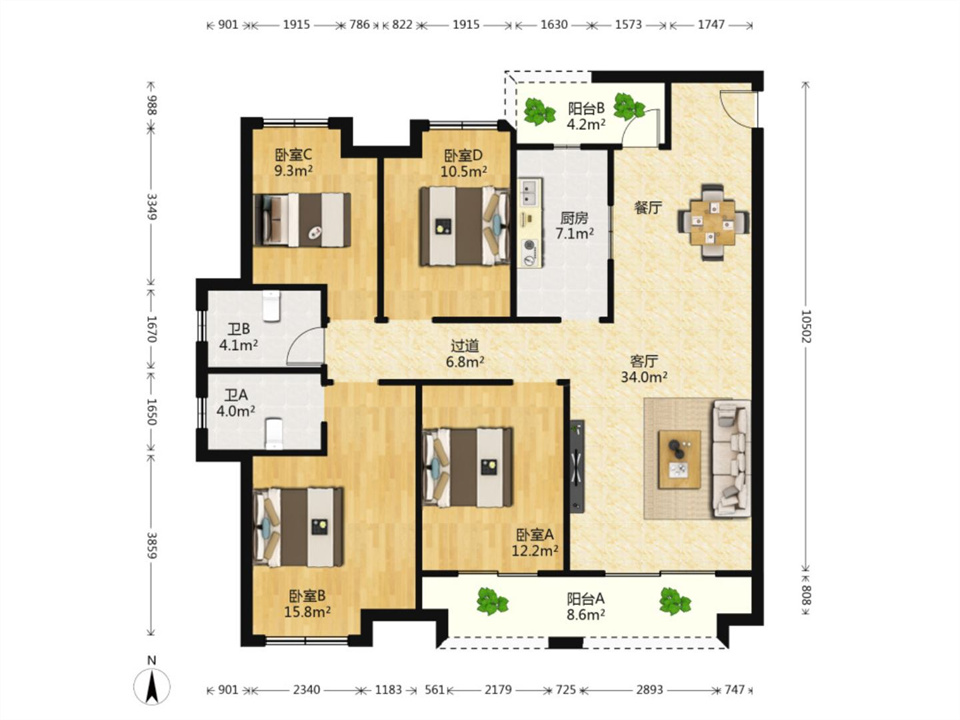 保利香槟国际 4室2厅2卫 142m²