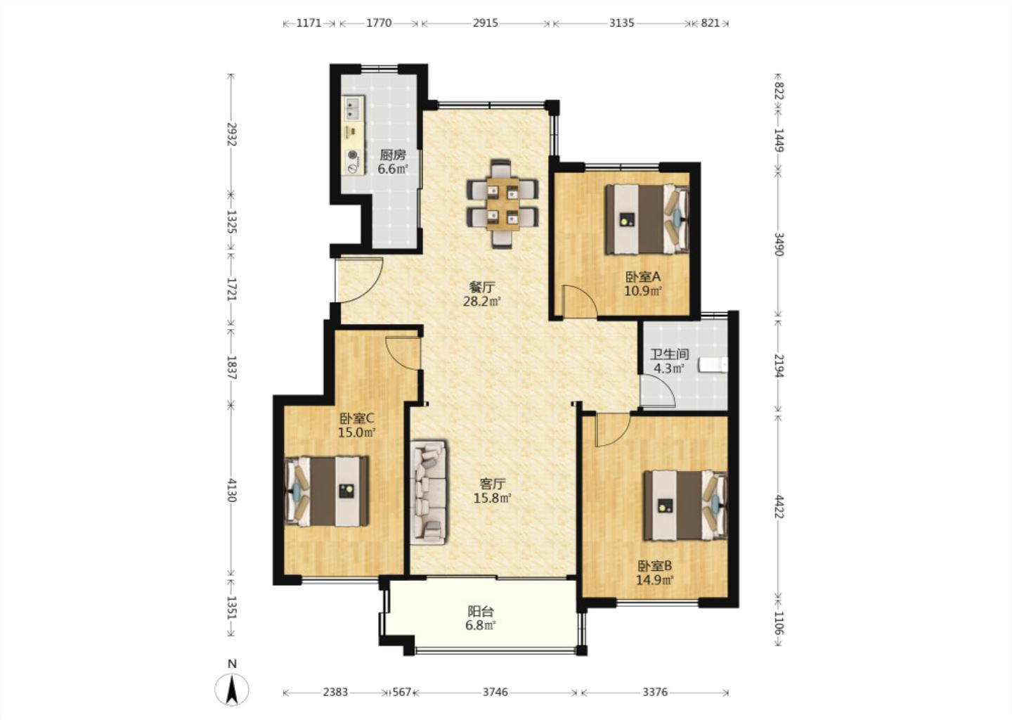 中港城世家 3室2厅1卫 121m²