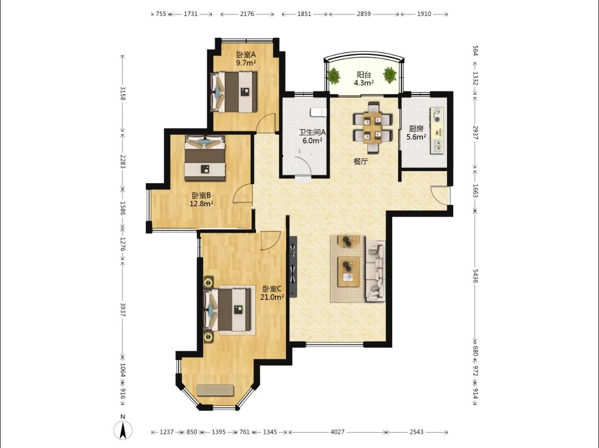 中南世纪花城一期 3室2厅1卫 128.45m²