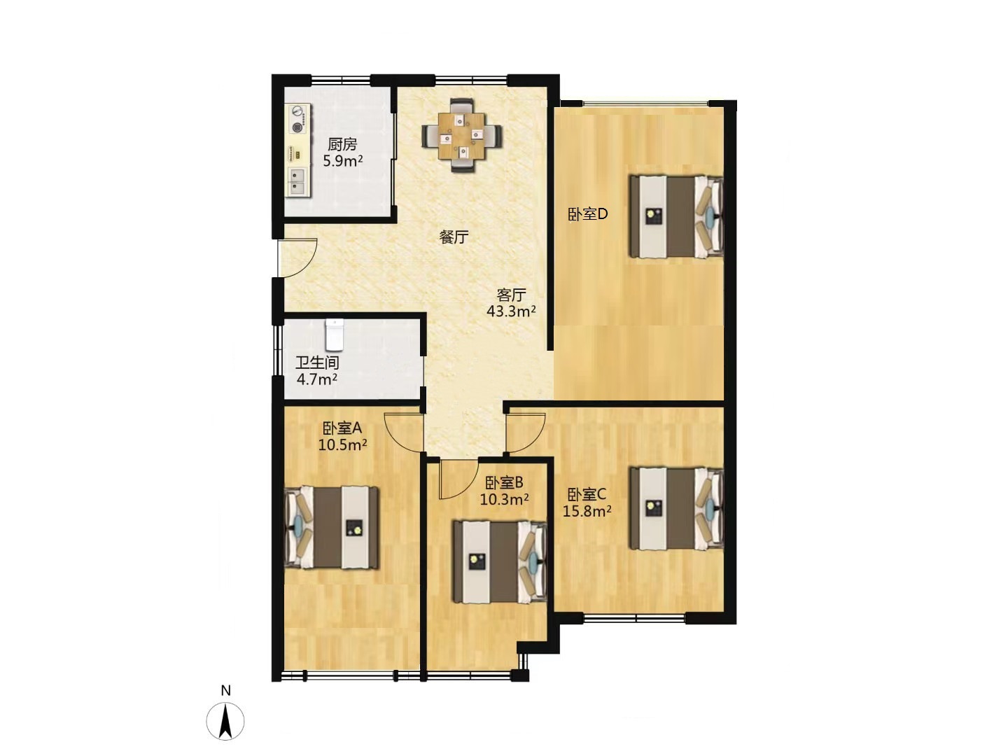 中南世纪花城二期 4室1厅1卫 128.00m²
