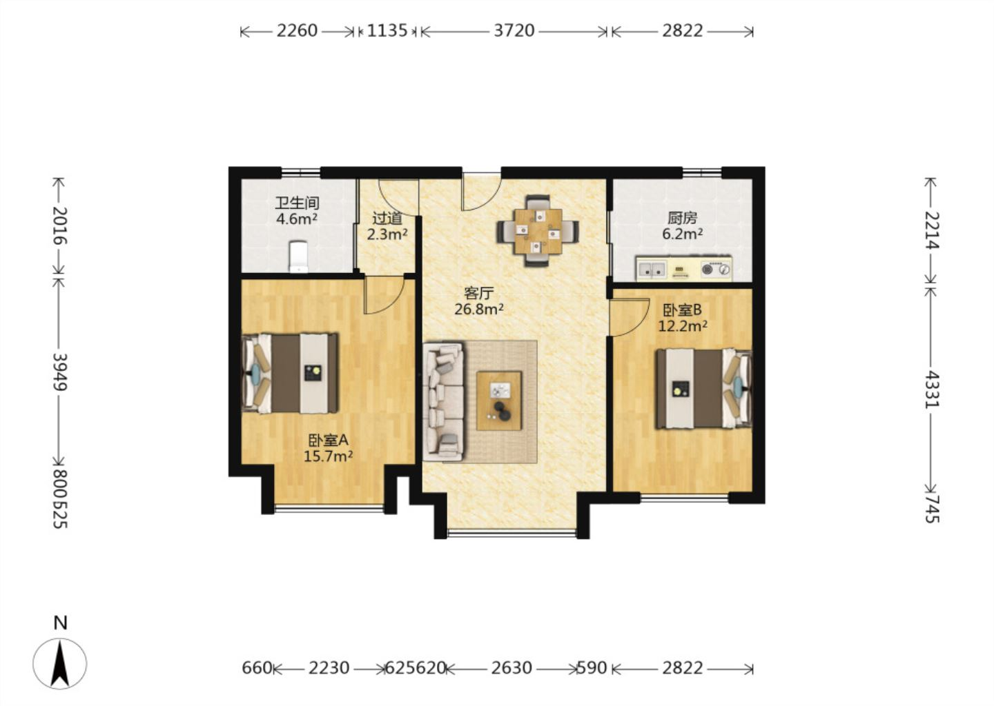 中南世纪花城一期 2室2厅1卫 88m&sup2;