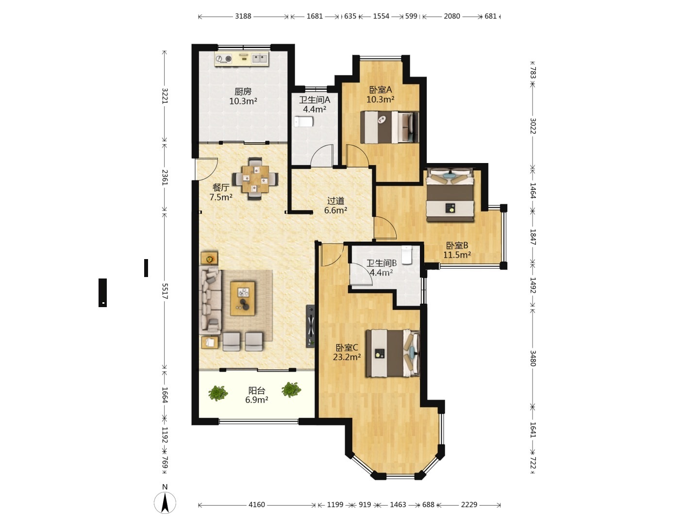 中南世纪花城二期 3室2厅2卫 141.38m&sup2;