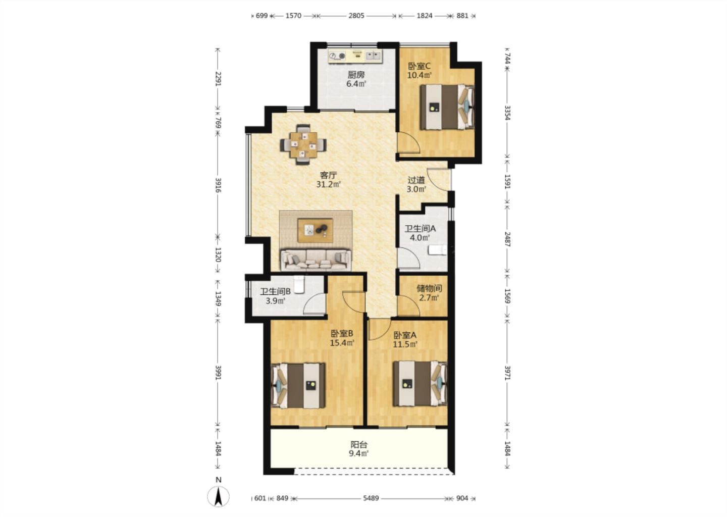 绿城沁园 3室2厅2卫 116.59m²