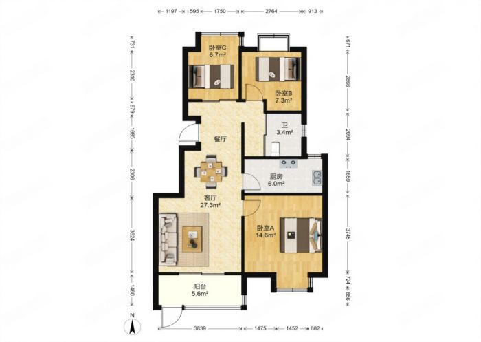 中港城 3室2厅1卫 88.00m&sup2;