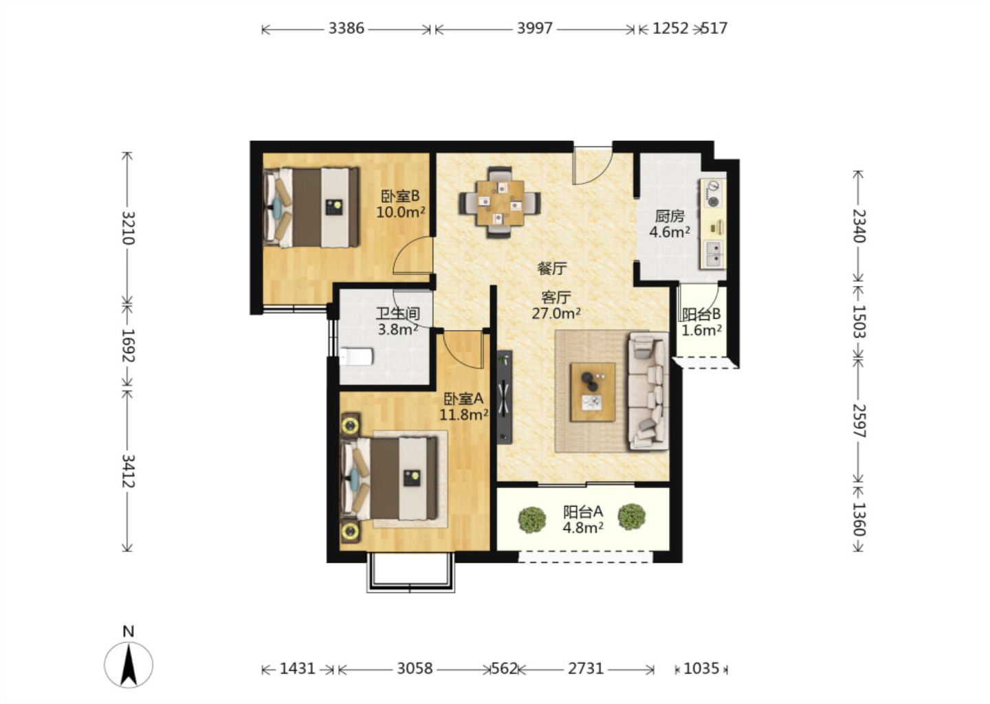 华强城一期 2室2厅1卫 86.00m&sup2;