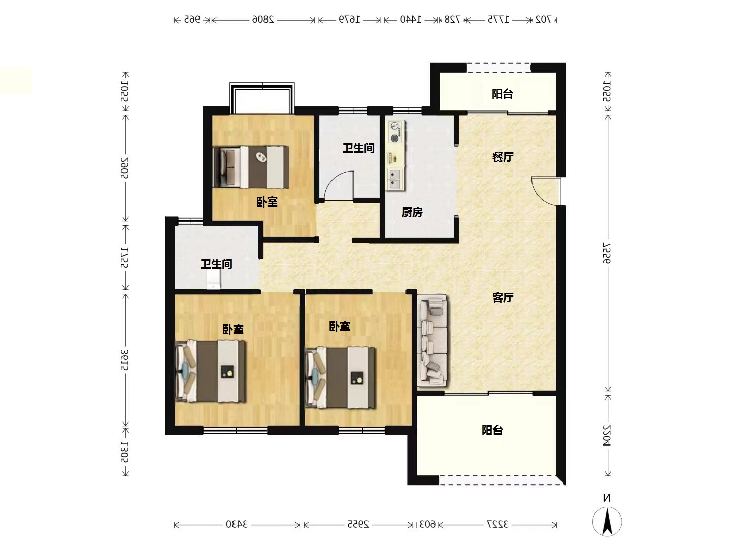 中南世纪花城三期 3室2厅2卫 126.00m&sup2;