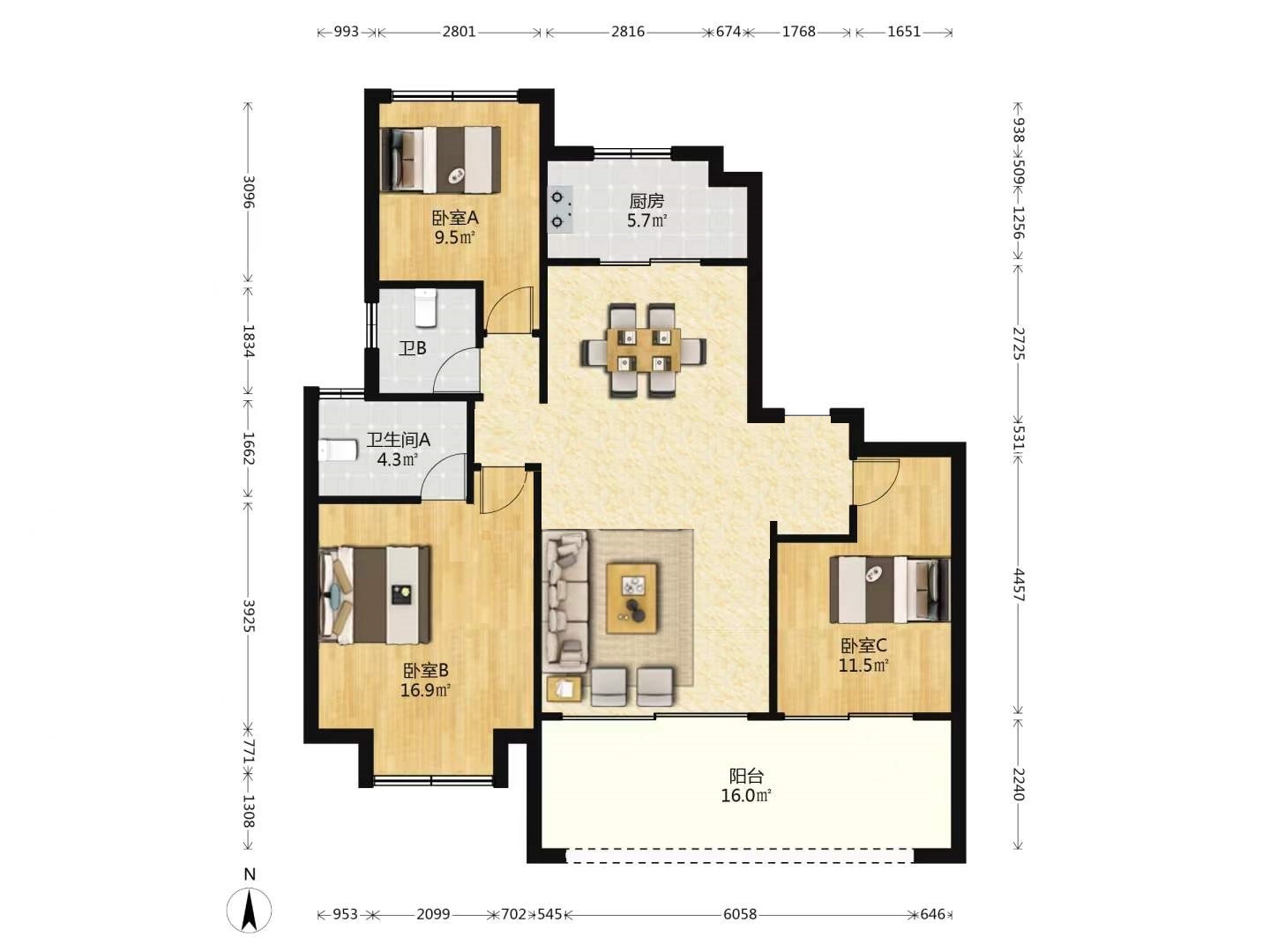 远创东樾 3室2厅2卫 128m&sup2;